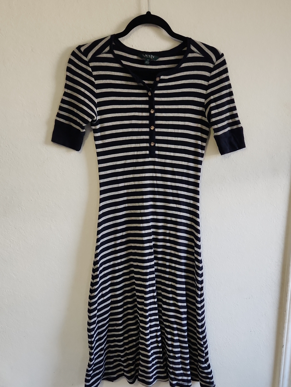Coastal Grandma Lauren Ralph Lauren Navy Striped Henley Midi Dress S 100% Cotton